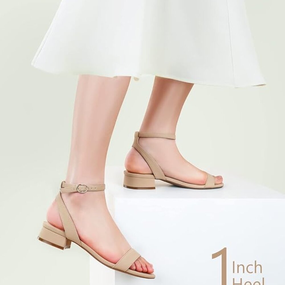 Nude Suede Low Block Heel Sandals Wide Fit Ankle Strap - Picture 5 of 7